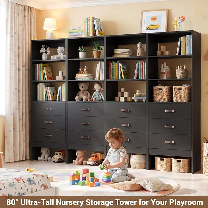 8FT Closet System with Leather Handles, 96" Walk-in Closet Storage Unit with Cabinet, Wood Wardrobe Closet Organizer and Storage with 12 Drawers, Set of 4, Black