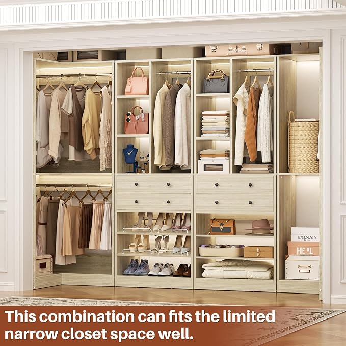 Besiost Closet System with 4 Drawers & Corner Tower, Closet Organizer System with 4 Hanging Robs, Reversible U Shaped Walk-in Closet System, Load 2600+LBS Capacity, Set of 4, Greige Oak