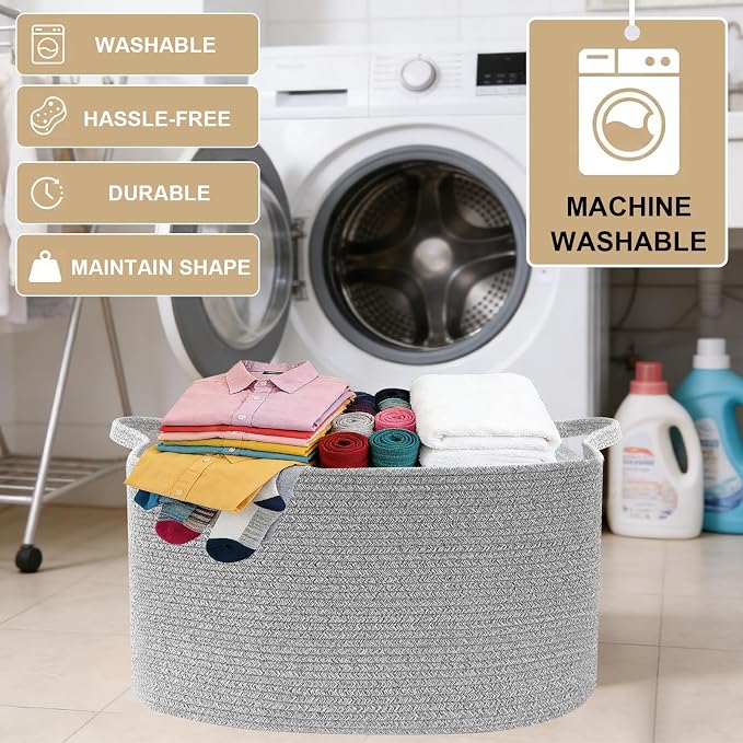 65L Large Laundry Basket with Handles, Woven Blanket Basket, Grey | 21"×16"×12" Collapsible Cotton Rope Storage Basket for Toys Clothes & Pillows, Nursery, Bathroom, Bedroom, Living Room