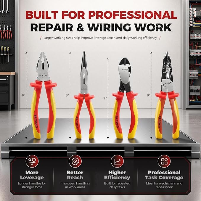 BILITOOLS High Leverage 1000V Insulated Pliers Set, Cr-Mo Electrician Tools | 8" Lineman, Needle Nose, Wire Stripper & 7" Diagonal Cutting Pliers, Multipurpose Stripping & Cutting, Electrician Tools