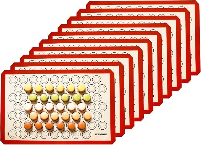 Macaron Silicone Baking Mats - Set of 10 - Full Size - 16 x 24in, Non-Stick Macaron Mat for Perfect Baking - Dishwasher & Oven Safe, Ideal for Macarons, Cookies, Bread, Red Border