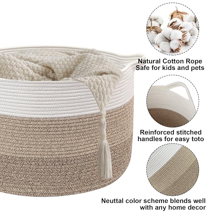 115L Extra Large Blanket Basket,Woven Rope Laundry Basket-Mix Brown | Collapsible Nursery Storage Bin with Sturdy Handles, Organizes Clothes, Toys and Pillows for Living Room, Bedroom, Bathroom