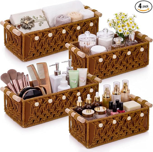 Vesici 4 Pcs Rustic Brown Macrame Storage Basket for Shelves 13 in 11 in Boho Basket Hand Woven Boxes with Wood Handles Beads Decorative Countertop Toilet Tank Cabinet Organizer for Home Room Decor