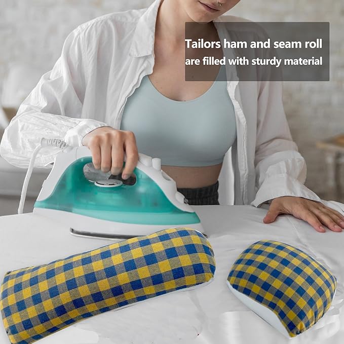 2 Pack Tailors Ham, Seam Roll Set, Premium Linen and Doll Cotton Press Ham Sewing Solid Tailor's Ham Kit Pressing Tool for Ironing Collar, Curved Seams, Yellow and Blue Plaid