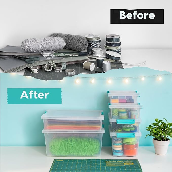 IRIS USA 6 Qt. Craft Storage Bins with Lids, 4-Pack, |Made in USA|, Clip Box, Small Plastic Sensory Bin Tote Organizer Containers for Art Supplies, Paper, & Office, Stackable - Clear/Seafoam Blue
