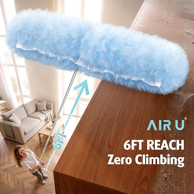AIR U+ 6ft Extendable Duster with 40 Refills for Swiffer Dusters | 360 double-head microfiber, heavy duty disposable duster, ceiling fan high reach, traps dust pet hair no ladder needed