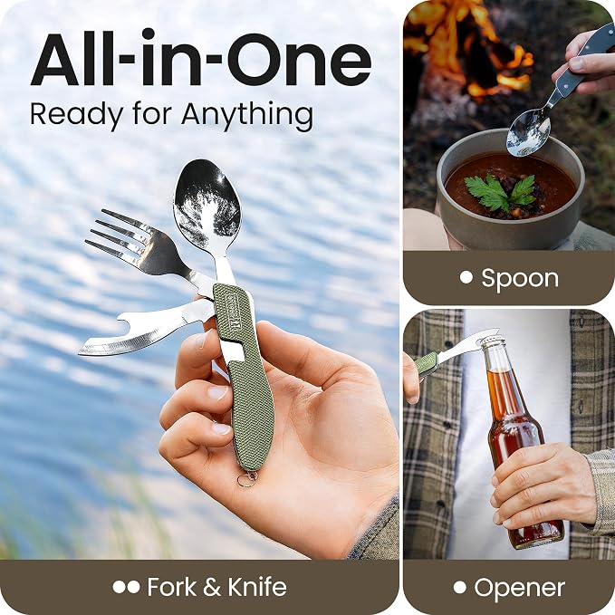 Orblue 4-in-1 Camping Eating Utensils, 2-Pack - Portable Spoon, Fork, Knife & Bottle Opener Combo Set - Stainless Steel Flatware with Detachable Fork - Backpacking Cutlery Multitool, Olive Green