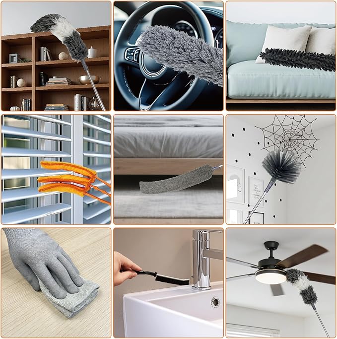 15 PCS Feather Dusters for Cleaning, Microfiber Duster with Extension Pole 100in, Extendable Duster for High Ceilings, Ceiling Fans, Baseboards, Blinds, Car Interior - Washable Reusable Dusting Tools