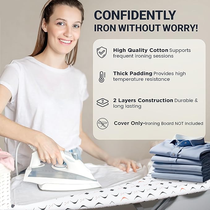 UniSimp Ironing Board Cover and Pad 15"x54" Extra Thick Natural Cotton, Scorch and Stain Resistant Padding, Standard Size Iron Board Cover with Fasteners Heavy Duty Elastic Edge, Heatproof Boomerang