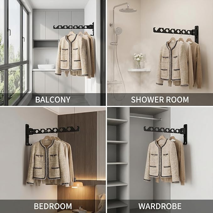 Wall Mounted Clothes Hanger Rack, Heavy Duty Folding Garment Hooks with Swing Arm, Space Saving Laundry Drying Organizer for Bathroom Bedroom, Black 3-Pack