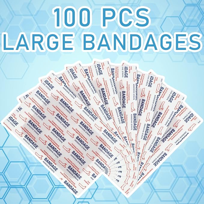 Marsui 100 Pcs Large Bandages 3 x 4 Inch Wound Care Flexible Adhesive Bandages Latex Free Fabric for and Protect Wounds Large Size for First Aid Wound Care Assorted