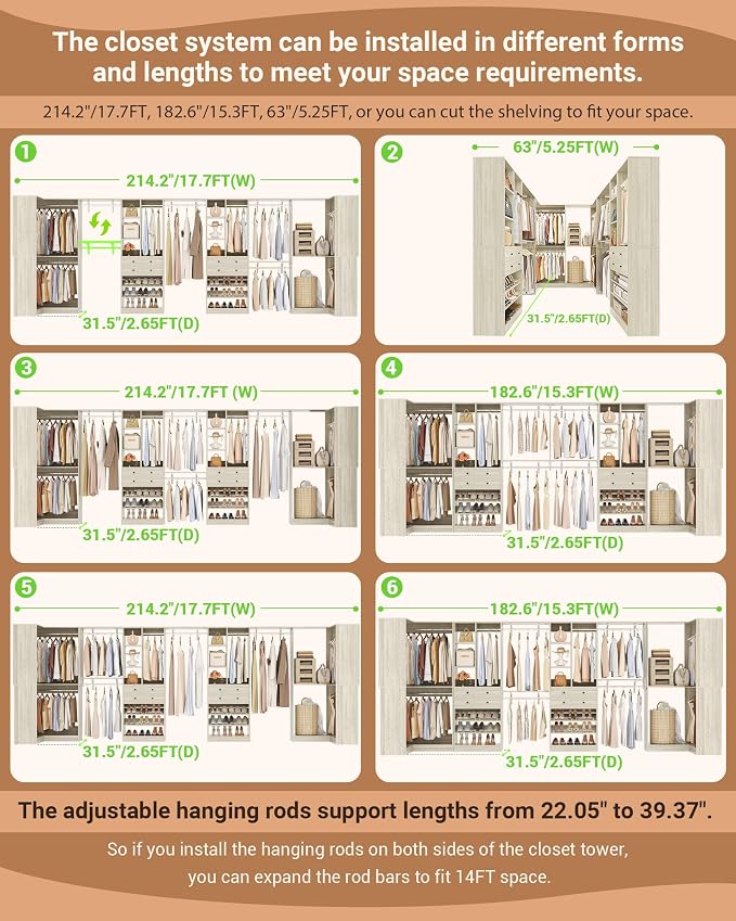 Besiost Closet System with 4 Drawers & Corner Tower, Closet Organizer System with 10 Hanging Robs, Reversible U Shaped Walk-in Closet System, Load 3600+LBS Capacity, Set of 4, Greige Oak
