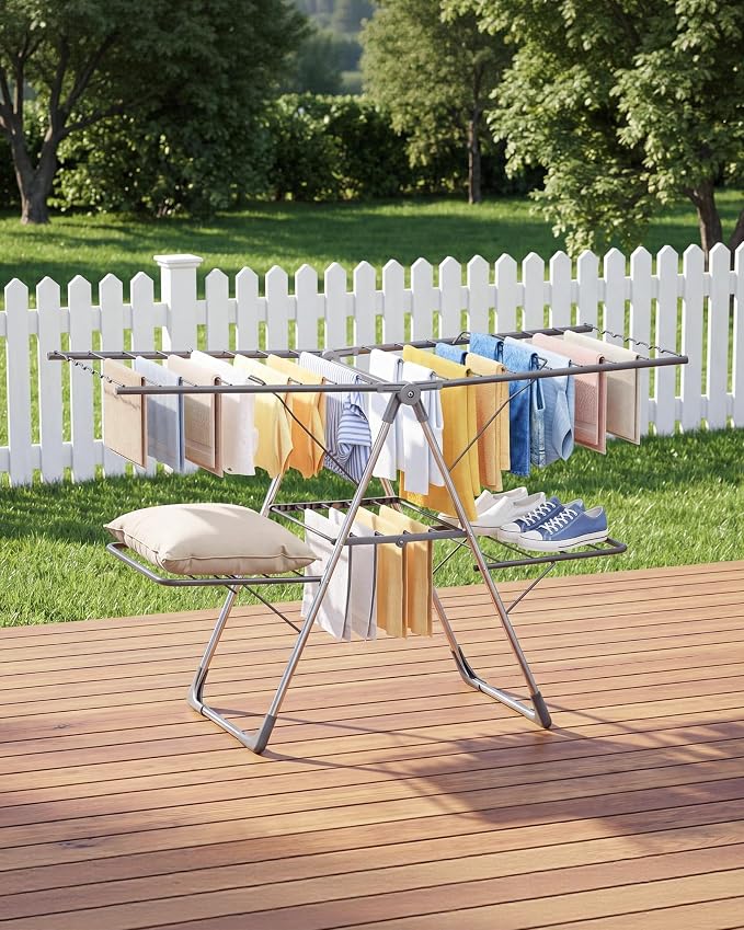 Sakugi Clothes Drying Rack, Foldable 2-Level with 55.5" Adjustable Wings | Laundry Room, Bedroom, Indoor & Outdoor Use, Height Adjustable, Clothing & Bedding, 55.5" L × 22.8" W, Gray