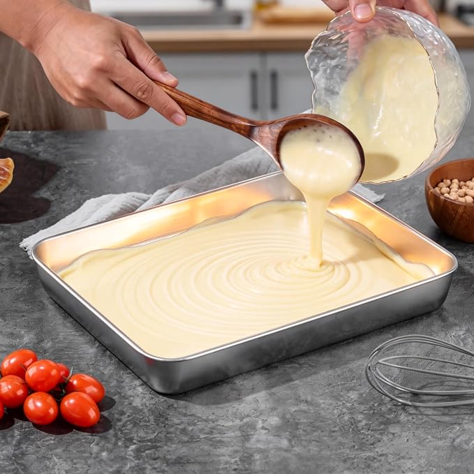 LIANYU Stainless Steel Rectangular Baking Pan, 12⅓ x 9¾ x 2 Inch Commercial Cake Pan with Lid Set of 4, Metal Lasagna Brownie Bakeware Set, Healthy & Dishwasher Safe (4 Pan +4 Lid)