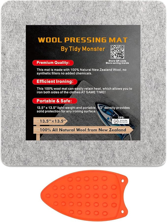 Tidy Monster 13.5''x13.5'' Wool Pressing Mat for Quilting, 100% Wool from New Zealand, Portable Felted Wool Ironing Mat