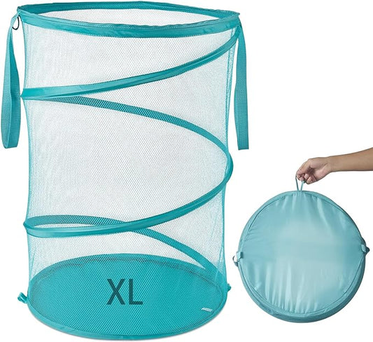 Seiritex Mesh Popup Laundry Hamper 115L Collapsible Laundry Basket No Lid Extra Large Capacity Foldable Clothing Storage Basket with Handles 26 H x 18 W x 18 L (Turquoise Blue)