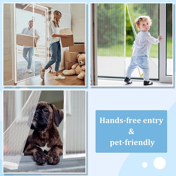 Magnetic Screen Door - Self Sealing, Heavy Duty, Hands Free Mesh Partition Keeps Bugs Out Let Breeze in- Pet and Kid Friendly - Keep Open Feature (White, Fit Door Size 36 x 78 Inch)