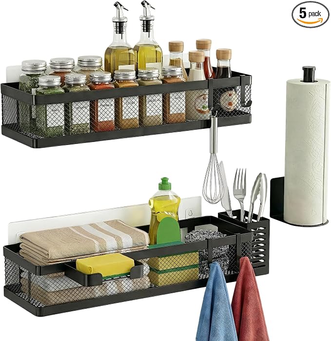 PUSDON 5-in-1 16.5" Extra Long Slim Wall Mount Wrapped Mesh Kitchen Organizer & Shower Caddy Kit, with Paper Towel Holder, Utensil Holder, Soap Dish, Holds 50LBS - Matte Black, Netting