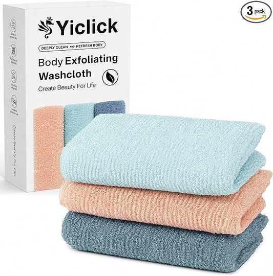 3 PCS Exfoliating Washcloth Towels - Exfoliating Body Scrubber Exfoliator, Back Scrubber for Shower Bath Use, Japanese & Korean Scrub Wash Cloths, Loofah Lufa Sponge Washer for Women Men