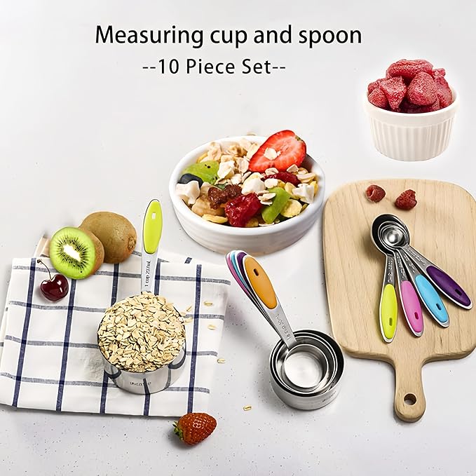 RUNZI 10 Pcs Measuring Cups and Spoons Set,Stackable Metal Measure Cup for Measuring Dry and Liquid Ingredients，Used Kitchen Dry Food, Cooking Baking Measurements,Silvery