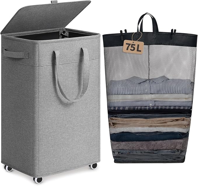 Goodpick 75L Rolling Laundry Hamper with Removable Wash Bag, Grey | 16.5 × 12.5 × 27.5 in, Reinforced Handles, Collapsible Design, Bathroom & Dorm Organization, Clothes & Blankets Storage