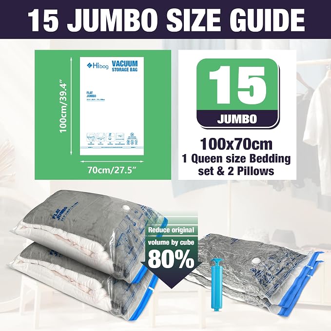 15 Jumbo Vacuum Storage Bags for Bedding, Vacuum Seal Bags for Clothing | Extra Large XL, Airtight Triple Seal, Save 80% Space, Hand Pump, Work with Vacuum, Double Zip, Reusable, Easy to Use