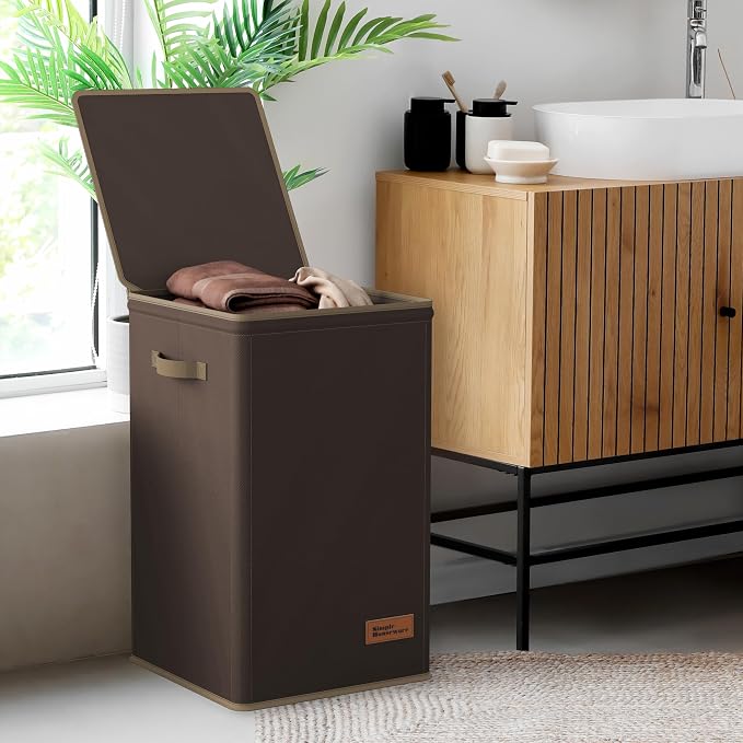 Simple Houseware Foldable Laundry Hamper Basket with Lid and Bag, Brown | Heavy Duty 600D Polyester, Water-Resistant Surface