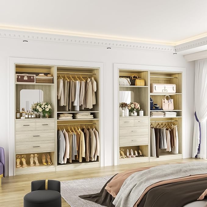 Unikito 61" Closet System, Heavy Duty Wood Closet Organizer with 2 Hanging Rods, Walk-in Wardrobe Garment Rack with Adjustable Shelves, Free-standing Clothing Rack, White Oak