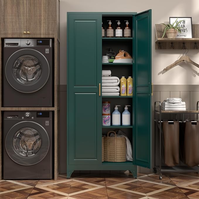 SteeLoong Kitchen Pantry Cabinet,75" Green Metal Storage Cabinets with Doors and 4 Adjustable Shelves,Kitchen Cabinet with 2 Gold Handles,Tall Cabinet for Livingroom,Pantry, Bathroom