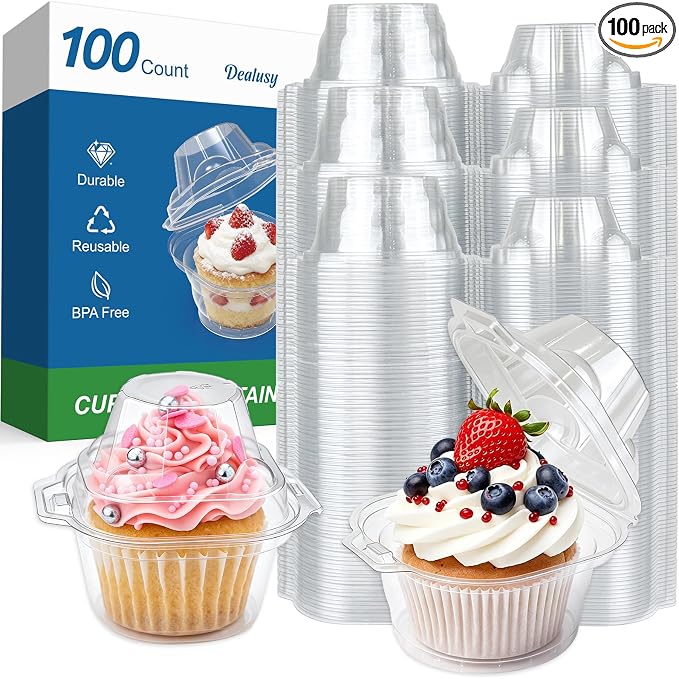 Dealusy 100 Pack Individual Cupcake Containers with Airtight Dome Lids, Clear Plastic Single Cupcake Boxes, Stackable Disposable Muffin Holders for Baking, Parties, Weddings & Picnics