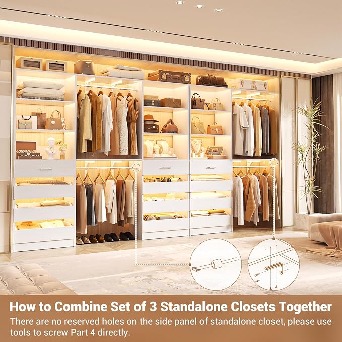 Aheaplus Closet System with 12 Drawers, 138.5" Wood Closet Organizer System with 4 Hanging Rods & Top Shelves, 6.7+4.85Ft L Shaped Corner Walk-in Closets Wardrobe Organizer Rack, Set of 3, White