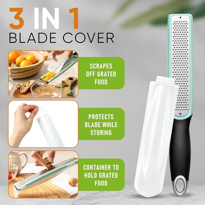 Spring Chef Premium Lemon Zester Grater with Handle - Fruit, Lime, Orange, Nutmeg, Garlic Grater - Heavy Duty Kitchen Tool - Stainless Steel Citrus Zester with Blade Cover - Fine Shred - Mint/Black