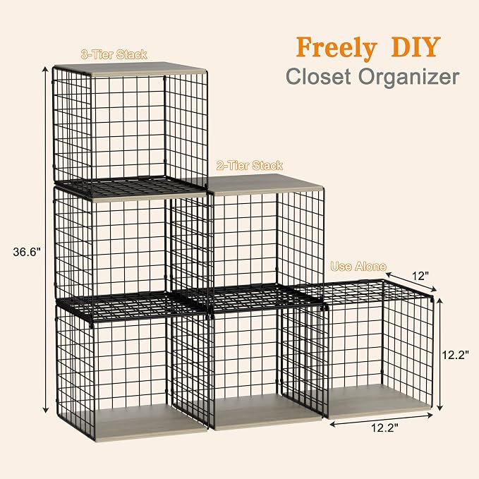 Hencawima 6 Pack Stackable Closet Organizers and Storage Basket, Closet Shelves with Wood Top, Clothes Storage Bin/Cube Organizer for Wardrobe, Space-Saving, Closet Organization, Black, Sturdy, Metal