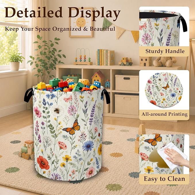 Wildflower Butterfly Collapsible Laundry Hamper for Bedroom, Freestanding Oxford Clothes Basket, Large Foldable Storage Bin with Easy-Carry Handles for Bathroom Dorm Laundry Room