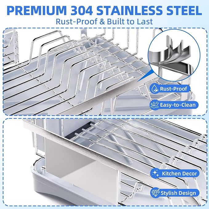 Godboat Dish Drying Rack -304 Stainless Steel Dish Rack for Kitchen Counter | Dish Drainer with Cutlery Knife Fork & Cup Rack, Auto-Drain to Sink, Gift for Wife Mothers Her, Home & Family Gadgets, Silver