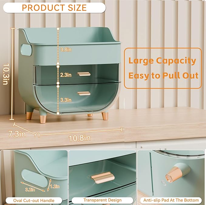 Yieach Countertop Makeup Organizers with Drawers and Handle,Large Cosmetic Organizer for Bathroom Vanity and Dressing,Green Cosmetic Display Cases for Hair Tool,Beauty Products,Skin Care Organizer