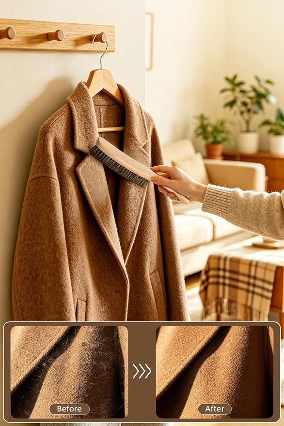 Clothes Brush Horsehair Cleaning Brush Kit for Hats, Wool, Suede, 2 Pack | 100% Horsehair Removes Dust Lint Pet Hair for Cashmere Velvet Suits Shoes Furniture Edges Seams with Wood Handle Storage Bag