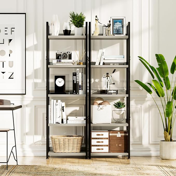 NUMENN Narrow Bookshelf, 5 Tier Freestanding Shelving Unit, Grey | Metal Frame & Wood Shelves, Falling Prevention Baffle, Open Storage Bookcase for Bedroom, Living Room & Home Office