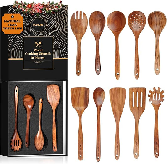 Mooues Wooden Spoons for Cooking, Wooden Utensils for Cooking Natural Teak Wooden Kitchen Utensils Set Comfort Grip(10 PCS SET GIFT BOX)