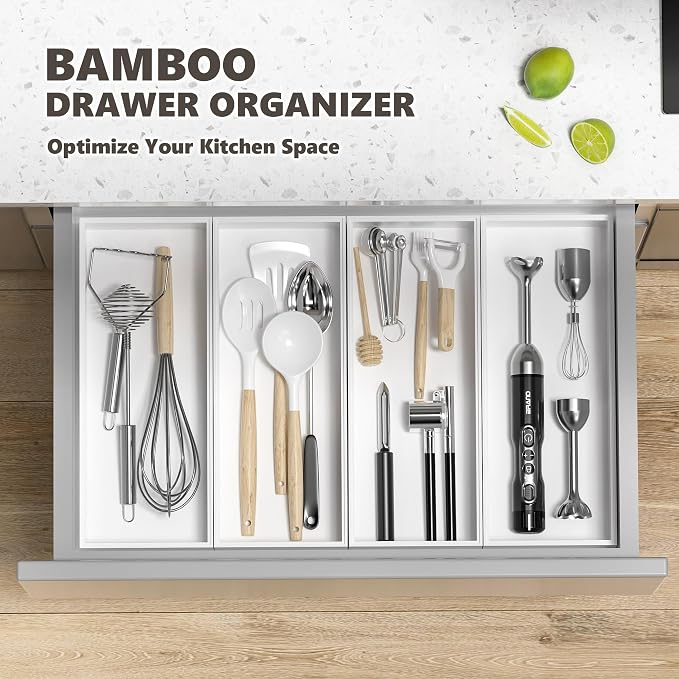 Kitchen Drawer Organizer Bins, Stackable Deep Bamboo Drawer Organizer for Silverware, Utensils, Cutlery, Flatware, Junk, Dresser, Bathroom, 15" x 6" x 2.5" (Set of 2)