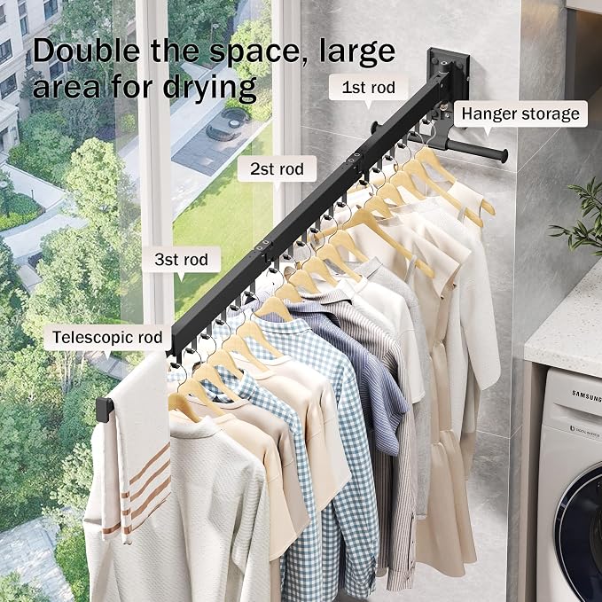 LIENAHU Clothes Drying Rack Wall Mounted(can fold Upward),Laundry Drying Rack,Laundry Room Organization,Wall Mounted Laundry Rack Folding,Retractable Clothing Rack,Collapsible Clothes Hanging Rack