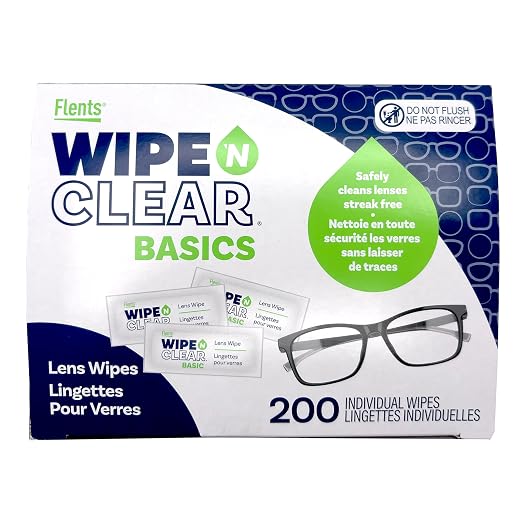 Flents Lens Wipes, Wipe 'N Clear Basic, 200 Count, Pre-Moistened | Streak-Free, Safe for Glasses, Sunglasses, Gentle Cleaning, Clear Vision, Streak-Free, Individually Wrapped for Travel