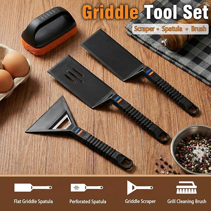 Utheer Griddle Tool Kit 5-Piece, Silicone Griddle Accessories with Stainless Steel Core, Nonstick Safe Flat Top Grill Tools Set with Spatulas, Scraper, Cleaning Brush with Replaceable Head