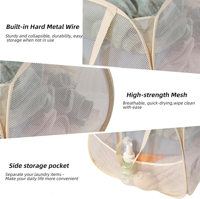 Collapsible Laundry Basket 90L, Mesh Pop-up Hamper, Beige 2PCS | Foldable Laundry Basket, Side Storage Pocket, Handles, Dirty Clothes Hamper for Bedroom, Bathroom, Dorm, Travel, Camping