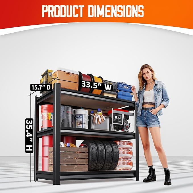 Set of 8 Garage Shelving,3 Tier Garage Storage Shelves,Adjustable Heavy Duty Metal Shelving Units and Storage Large Rack,Utility Steel Shelf For Shop Warehouse Industrial Pantry Basement 33"x35"x16"