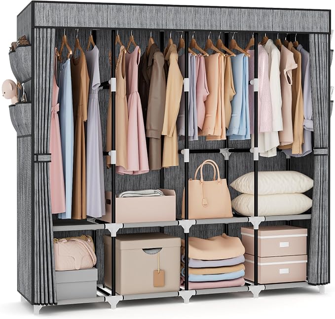 VTRIN Portable Closet for Hanging Clothes 67 Inch Wide Large Capacity Portable Wardrobe Closet with Cover, 4 Storage Shelves and 4 Hanging Rod Sturdy Free Standing Closet for Bedroom, Printing