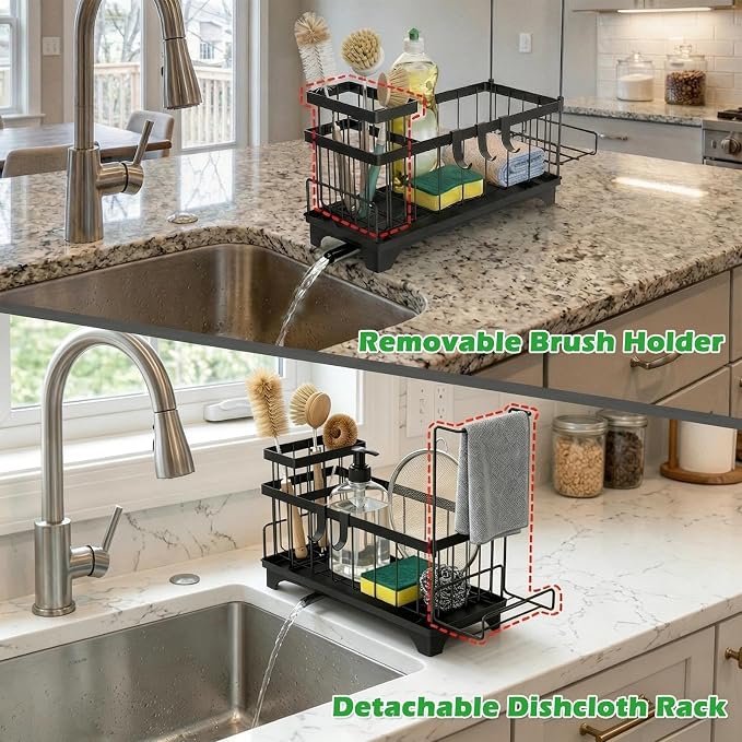 Sponge Holder for Kitchen Sink, Self-Draining Sink Caddy with Detachable Cloth & Dish Brush Rack, Metal Sponge Caddy Organizer for Kitchen Countertop Organizers and Storage Accessories, Black