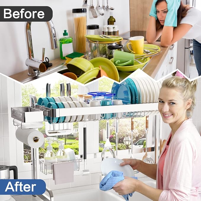 LIVOD Over The Sink Dish Drainer Drying Rack, 2 Tier Full Stainless Steel Storage Adjustable Length Kitchen Rack, Multifunctional Expandable Counter Organizer, Space Saver Dish Rack