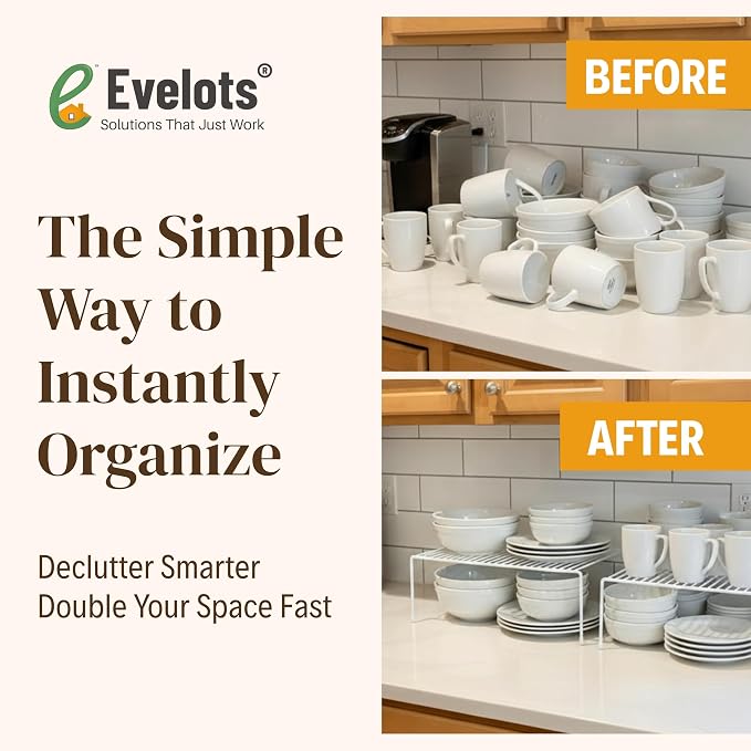 Evelots 2-Pack Wire Shelves, Cabinet Shelf Risers & Freezer Organizers | Rustproof dish risers for cabinets double storage space; use as small wire freezer shelves, pantry racks or shelf extenders.