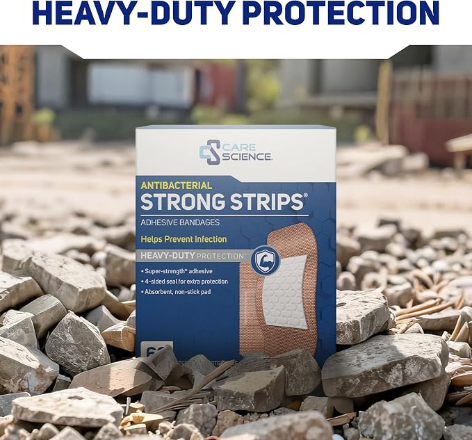 Care Science Heavy Fabric Adhesive Bandages, Assorted Sizes, 60 Count | Flexible + Breathable Protection for First Aid and Wound Care.